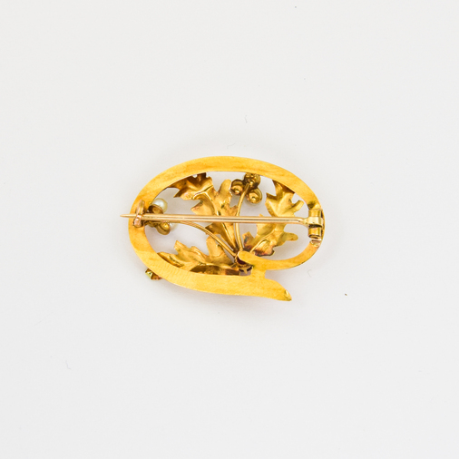 Brosche aus 585 Gelbgold mit Rubin und Perle, nachhaltiger second hand Schmuck perfekt aufgearbeitet