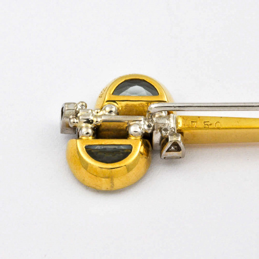 Brosche aus 750 Gelb- und Weißgold mit Aquamarin und Diamant, hochwertiger second hand Schmuck perfekt aufgearbeitet