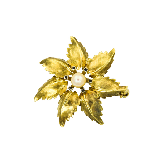 Brosche aus 585 Gelb- und Weißgold mit Perle, nachhaltiger second hand Schmuck perfekt aufgearbeitet