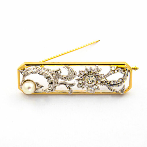 Brosche aus 585 Gelb- und Weißgold mit Perle, Brillant und Diamant, nachhaltiger second hand Schmuck perfekt aufgearbeitet