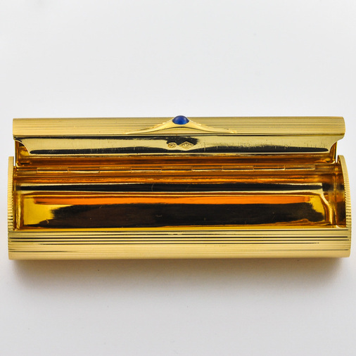 Zigarettenetui aus 750 Gelbgold mit Saphir, hochwertiger second hand Schmuck perfekt aufgearbeitet