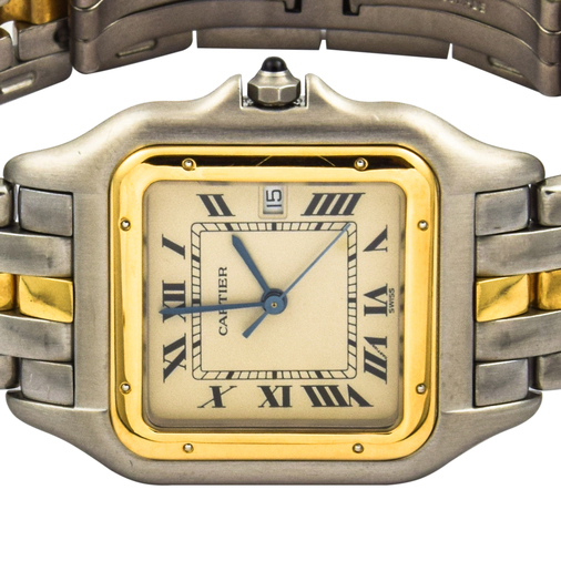 Cartier Armbanduhr Panthere Quarzwerk mit Datumsanzeige und Zentralsekunde, gebrauchte Luxusuhr im Top-Zustand