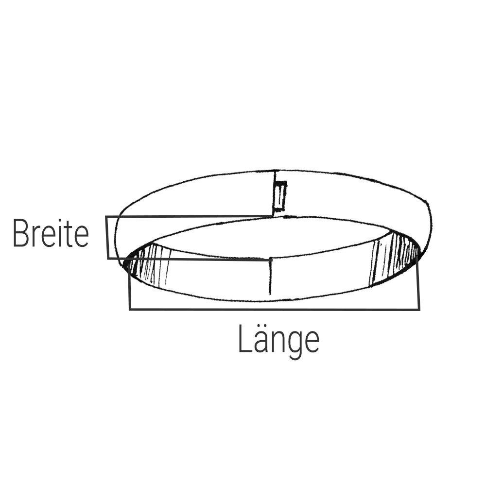 Innenmaße von eckigen oder ovalen Armreifen angegeben in Länge (längere Seite) und Breite (kürzere Seite) in cm